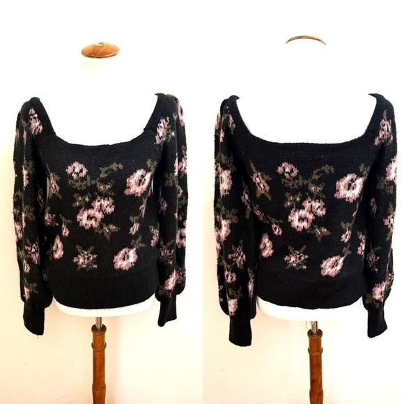 L40. Anthropologie Black and Pink Floral Sweater - Picture 2 of 2